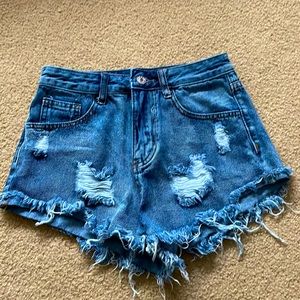 Shein distressed medium blue wash shorts